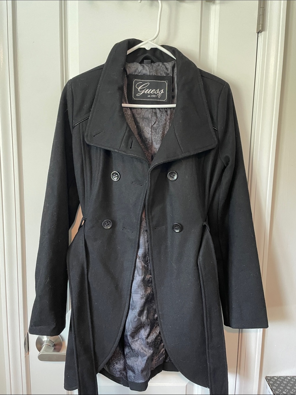 GUESS Black Double-Breasted Pea Coat with Wide Collar